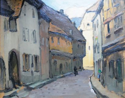 Marcel BELLE (1871-1948) « Bernheim, rue animée » Huile sur contreplaqué, signée...