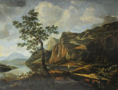 Ecole HOLLANDAISE vers 1700 « Paysage au lac et troupeau » Toile. Porte une signature...
