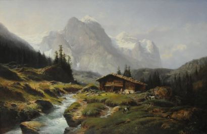 Leberecht LORTET (1826-1901) « Paysage de montagne » Huile sur toile, signée en bas...