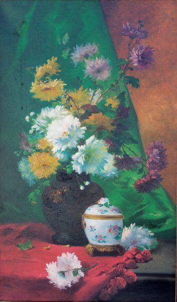 Henri CAUCHOIS (1850-1911) « Bouquet de fleurs sur un entablement » Huile sur toile...