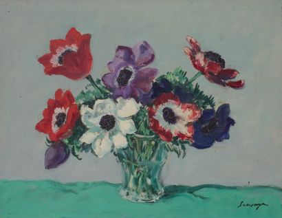 Lucien SEEVAGEN ( 1887- 1959) « Vase au bouquet tricolore » Huile sur toile signée...
