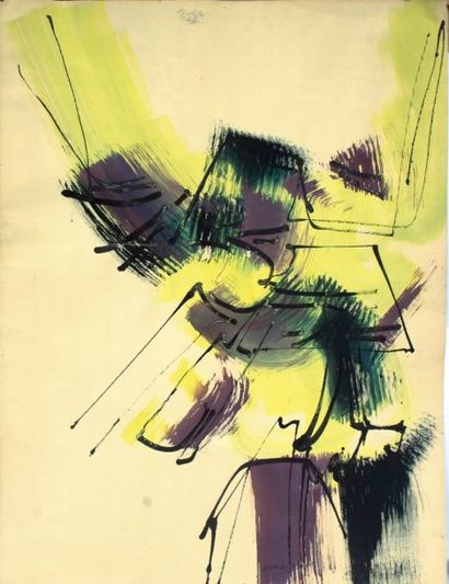 ARMAN, Armand FERNANDEZ dit (1928- 2005) « Composition abstraite en jaune et violet....