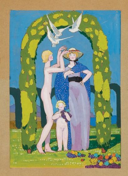 Jean DUPAS (1882-1964) Le Couronnement au jardin
Gouache sur papier 25,5 x 18,5 cm
Contrecollé...