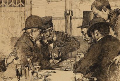 Vittorio Corcos (1859-1933) Joueurs de cartes
Encre de Chine et lavis sur papier
Signée...
