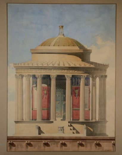 LAMARTINIERE (XIX-XXème) Grand dessin d'architecture, façade de temple antique, 1887...