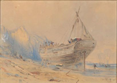 Alexandre Thomas FRANCIA (1815-1884) Bateau échoué
Crayon et aquarelle, signé 1837...