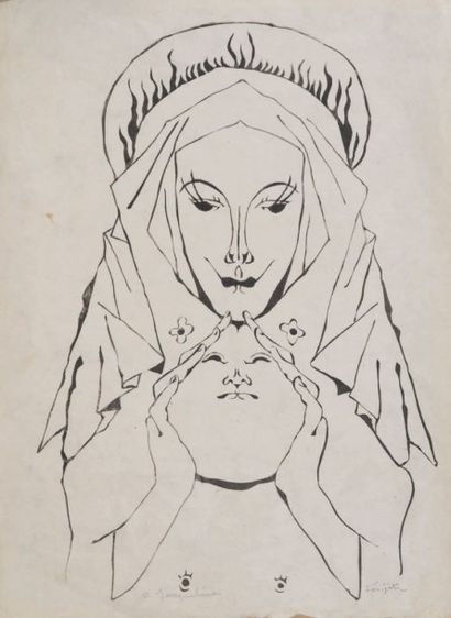 Tsuguharu FOUJITA (1886-1968) Vierge à l'enfant, 1950
Encre sur impression d'un bois...