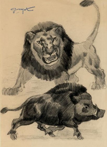 Georges Lucien GUYOT (1885-1973) Lion et sanglier
Fusain, signé en haut à gauche
21...