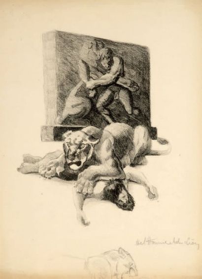 Georges Lucien GUYOT (1885-1973) De l'homme et du lion
Fusain, titré en bas à droite
35...