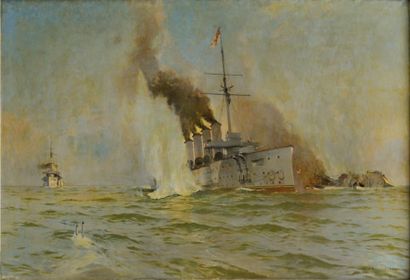 Wilhelm MALCHIN (XXème) Combat naval
Huile sur toile
Signée et datée 1917 en bas...