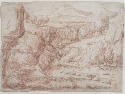 Michel CORNEILLE (1642-1708), attribué à Paysage
Sanguine 24,5 x 32,5 cm
Pliures...