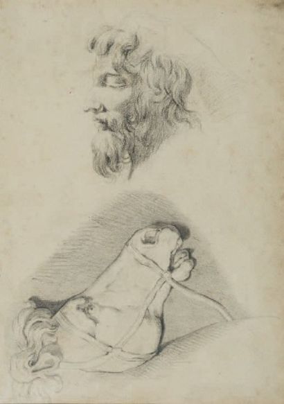 Ecole FRANÇAISE, du XIXème siècle Feuille d'étude avec un profil d'homme barbu et...