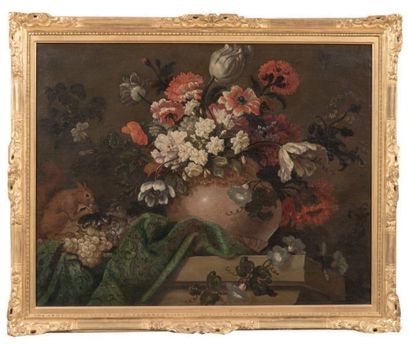 Ecole française, du XVIIIème siècle Bouquet de fleurs et fruits au perroquet
Bouquet...