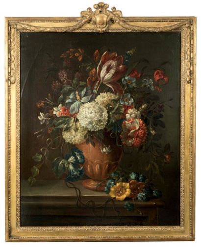 Ecole FRANÇAISE, fin XVIIIeme siècle Nature morte au vase fleuri sur entablement
Huile...