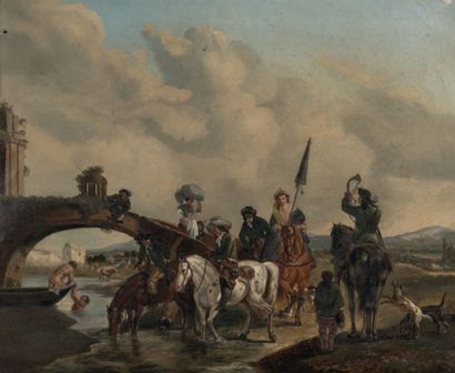 Ecole ESPAGNOLE, fin XVIIIe siècle La Halte des cavaliers
Huile sur toile 37 x 45...
