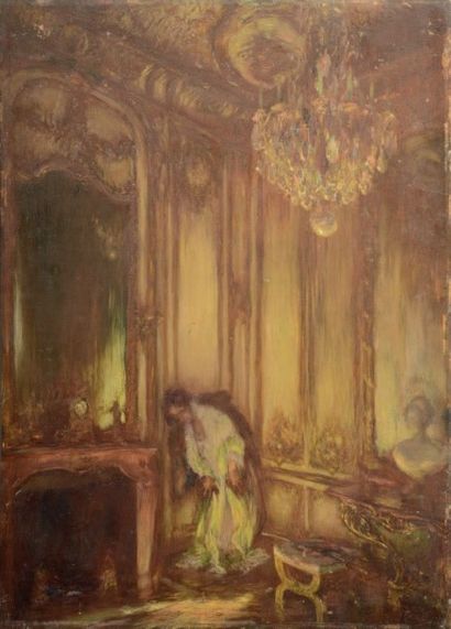 Gaston LA TOUCHE (1854-1913) Scène d'intérieur nocturne au sabre
Huile sur panneau...