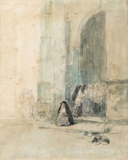 Eugène BOUDIN (1824-1898) Sortie de messe en Bretagne, circa 1867-1870
Aquarelle...