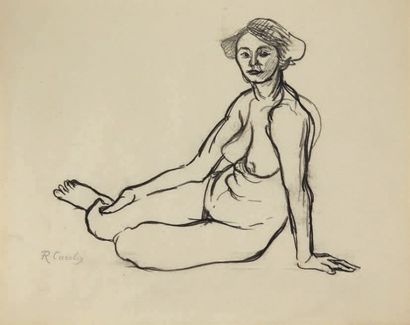 Rupert CARABIN (1862-1932) Etude de nu, femme assise de face genoux repliés
Fusain...