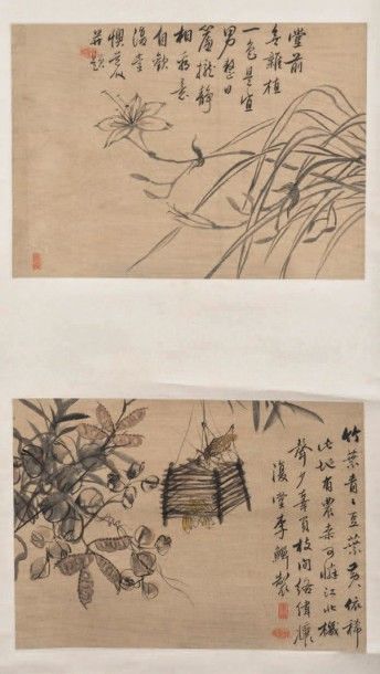 CHINE - XIXe siècle 
Deux peintures, encre et couleurs sur papier, représentant des...