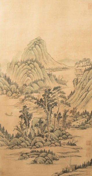 CHINE - XXe siècle 
Encre sur soie, paysage lacustre.
Avec cinq cachets.
Monté en...