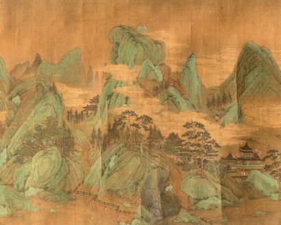 CHINE - XIXe siècle 
Encre et couleurs sur soie, représentant des paysages montagneux...