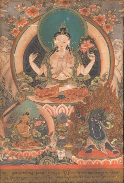 TIBET - XXe siècle 
Quatre petites tangka, détrempe sur toile, divinités assises...