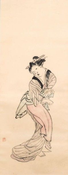 JAPON 
Deux encres sur papier
Musicienne au samisen
Danseuse
Signées du cachet Nantei.
Montées...