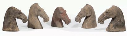 CHINE - Epoque HAN (206 av. JC - 220 ap. JC) 
Cinq têtes de cheval en terre cuite....