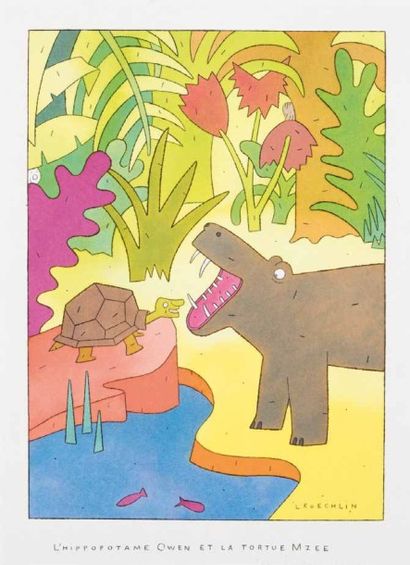 KOECHLIN Lionel «L'Hippopotame Owen».
Gouache directe sur papier pour une illustration...