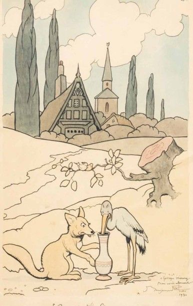 Rabier Benjamin «Le Renard et la Cigogne».
Illustration à l'encre de Chine et gouache...