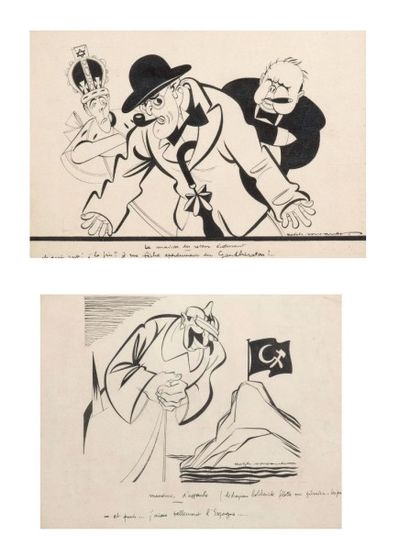 SOUPAULT Ralph 2 Dessins.
«La main du retour écoeurant» (Churchill) - «Manoeuvre...