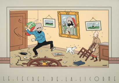 HERGÉ «Le Secret de la Licorne».
Sérigraphie couleurs format 100 x 70 cm. Editions...