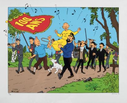 HERGÉ 3 Hommages.
SOMON. «Tintin à Barcelone» tirage couleurs format 70 x 50 cm -...