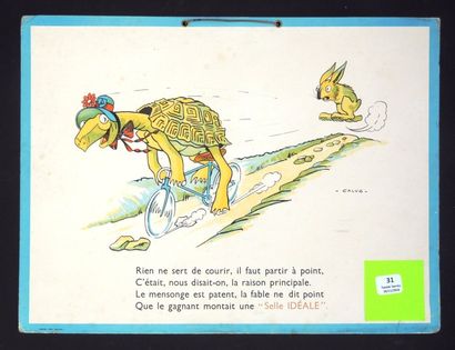 CALVO «La Selle Idéale»
Pancarte publicitaire représentant «Le Lièvre et la Tortue»....