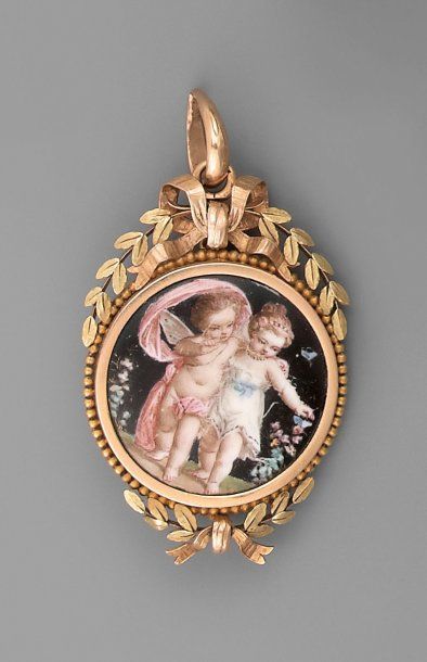 null Pendentif, XIXe, miniature sur nacre, en or de couleur
