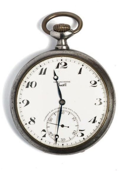 Paul Ditisheim pour Solvil 
Montre chronomètre à gousset en métal blanc, cadran émaillé...