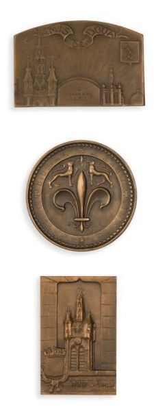 null Trois médailles commémoratives en bronze patiné
- Médaille de la ville de Lille...