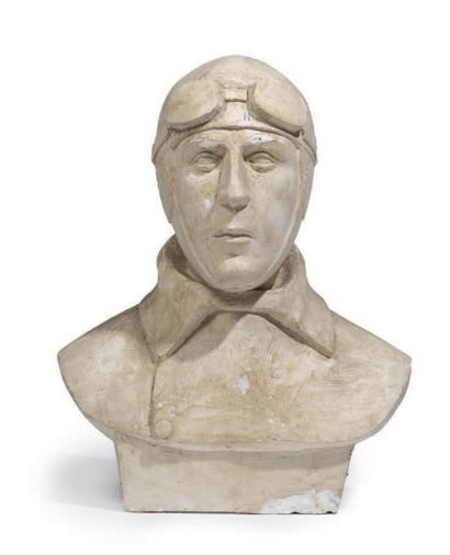 Maxime DUBAUT (1920-1991) 
Buste du lieutenant Bellonte en costume d'aviateur
Sculpture...