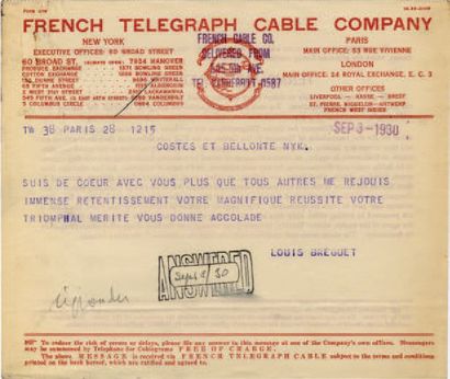 TRAVERSÉE DE L'ATLANTIQUE 1-2 SEPTEMBRE 1930.
Message...