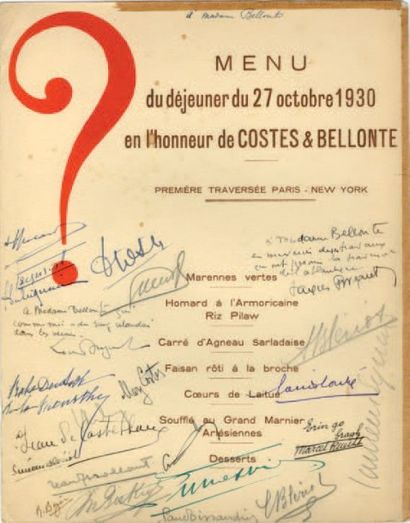 null MENU SIGNÉ.
Menu de Madame Bellonte, signé par Costes et Bellonte et d'autres...