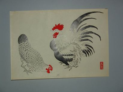 null JAPON Estampe de Girin, coq et poule observent une fourmi. Vers 1930.