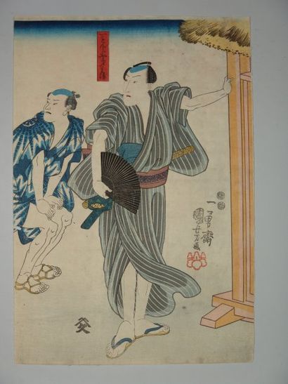 null JAPON Estampe de Kuniyoshi, un acteur debout tenant un éventail. Vers 1848.