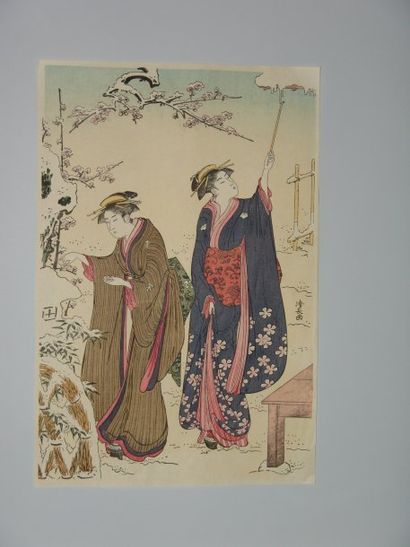 JAPON Estampe de Kiyonaga, deux jeunes femmes dans la neige. Vers 1900.