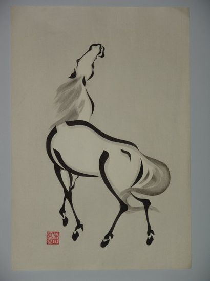 JAPON Deux estampes d'Aoyama, études de chevaux. Vers 1930.