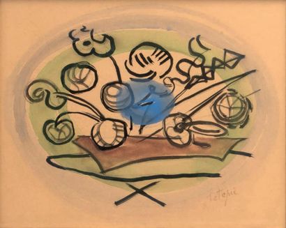 Louis LATAPIE (1891-1972) 
Fleurs sur un entablement
Aquarelle et encre
Signée vers...