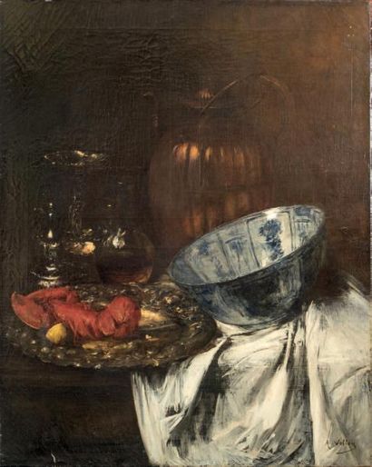 Alexis VOLLON (1865-1945) 
Nature morte au homard, circa 1900
Huile sur toile Signée...