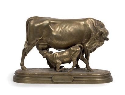 Isidore Jules Bonheur (1827-1901) 
Vache et veau Epreuve en bronze à patine dorée
Signée...