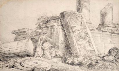 Robert HUBERT (1733-1808) - Paris 
Ruines animées avec serpent découvert par des...