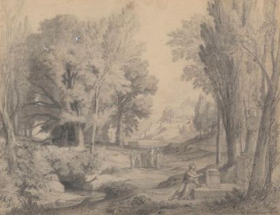 Achille BENOUVILLE (1815-1891) 
Paysage classique
Crayon noir, estompe et rehaut...