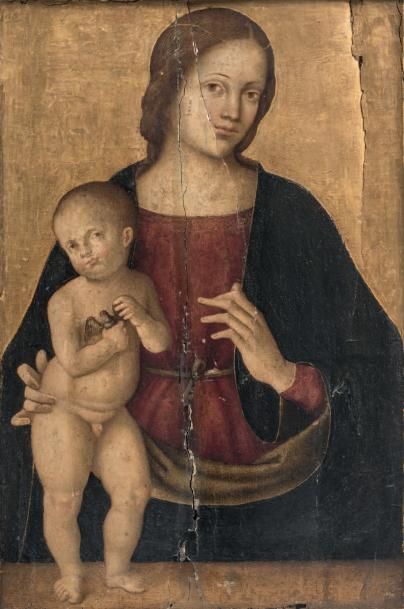 Ecole ITALIENNE, vers 1510 
Vierge à l'Enfant tenant un oiseau Panneau de peuplier...